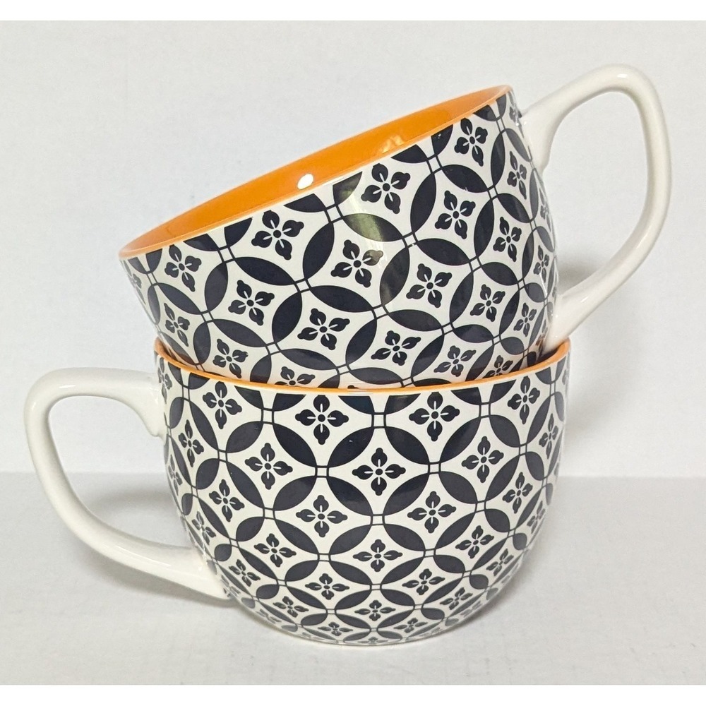 Dowan Mosaian Black & Orange Soup/Coffee Mugs 24 Oz Set of Two